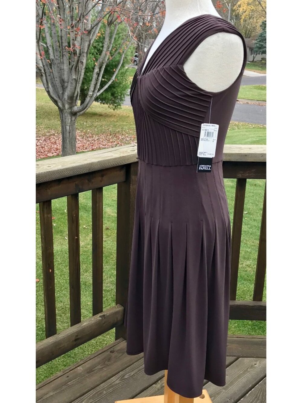 ADRIANNA PAPELL Pintuck Jersey Cap Sleeve Fit N Flare Dress 8 Brown Belt NWT - Picture 6 of 15